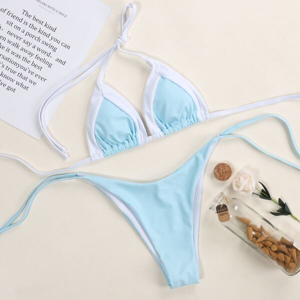 

Color Block Triangle Tie Side Bikini Swimsuit, Pastel baby blue