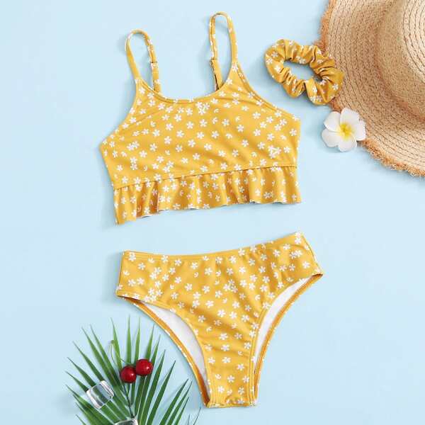 

Girls Ditsy Floral Ruffle Trim Bikini Swimsuit & Scrunchie, Yellow