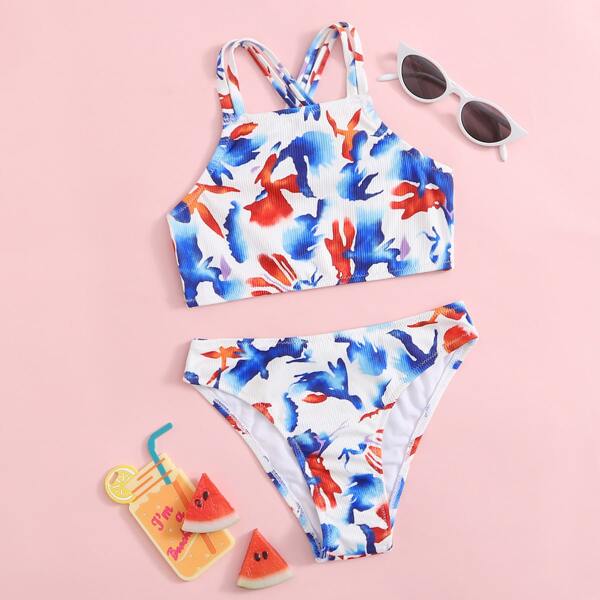 

Girls Allover Graphic Rib Bikini Swimsuit, Multicolor