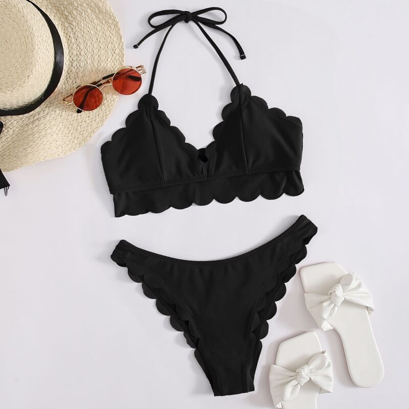 

Scallop Trim Halter Bikini Swimsuit, Black