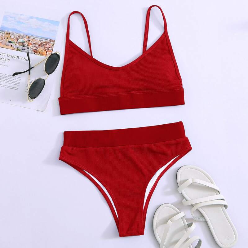 

Rib High Waisted Bikini Swimsuit, Red