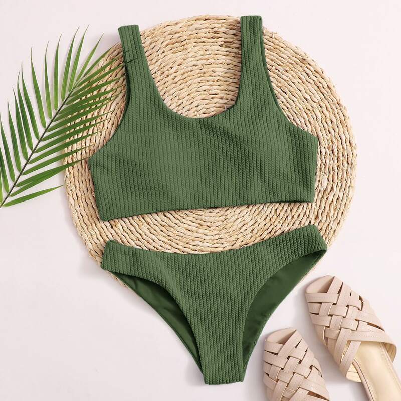 

Textured Cheeky Bikini Swimsuit, Army green