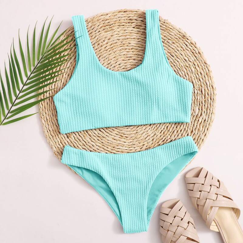 

Textured Cheeky Bikini Swimsuit, Bright mint blue