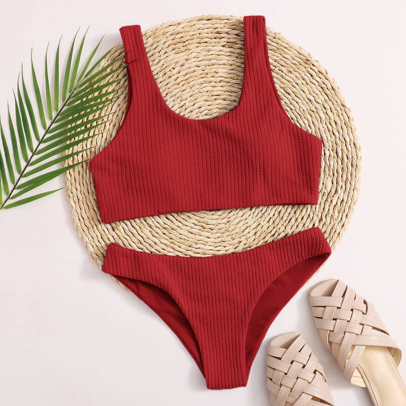 

Textured Cheeky Bikini Swimsuit, Red