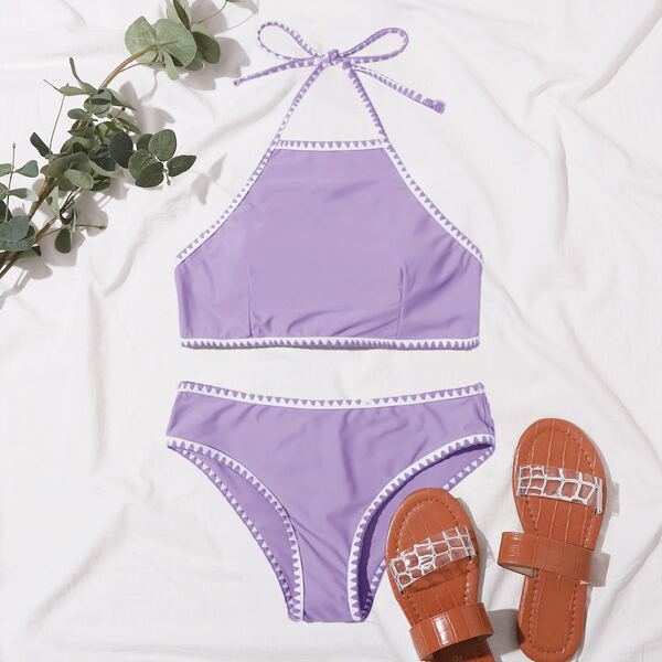 

Whip Stitch Halter Bikini Swimsuit, Pastel lilac purple