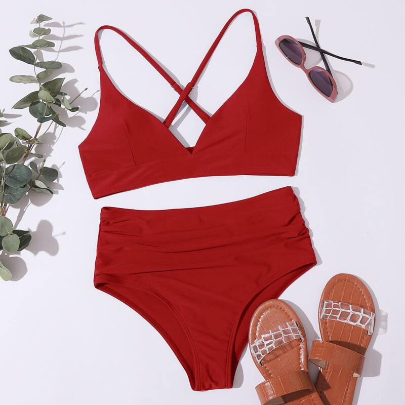

Criss Cross High Waisted Bikini Swimsuit, Rose red