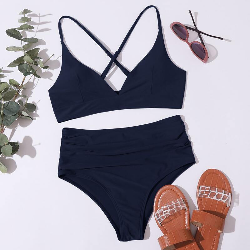 

Criss Cross High Waisted Bikini Swimsuit, Navy blue