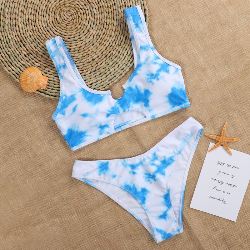 

Tie Dye Cut-out Bikini Swimsuit, Blue and white