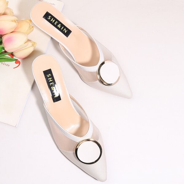 

Round Metal Decor Mesh Kitten Heeled Mules, Beige