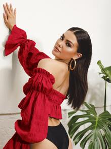SHEIN VCAY Off Shoulder Gathered Sleeve Peplum Top - Red - View 1