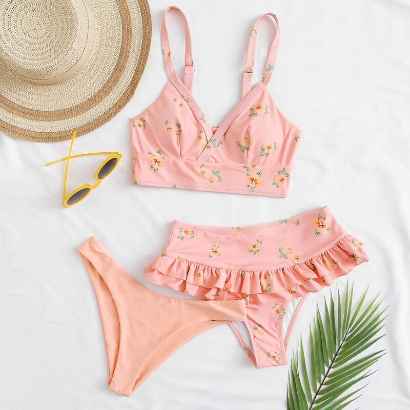 

3pack Floral Print Ruffle Co-ord Bikini Swimsuit, Pastel baby pink