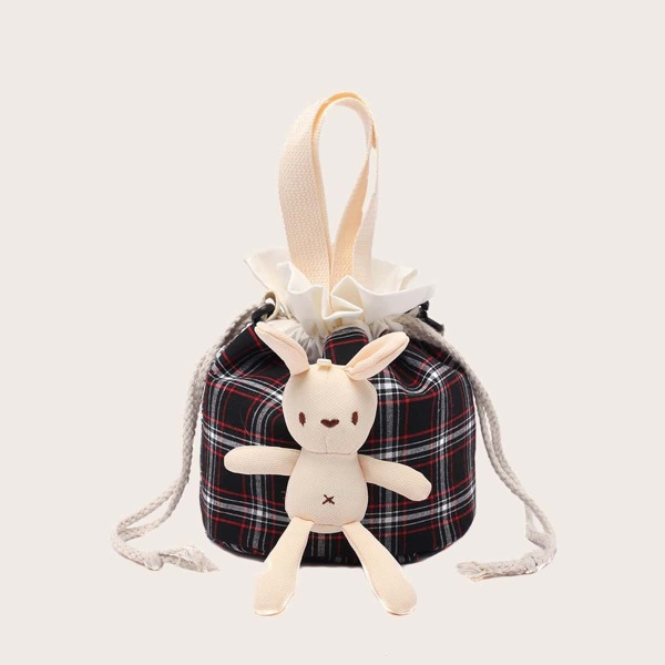 

Girls Rabbit Appliques Tartan Bucket Bag, Black