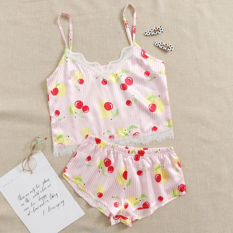 

Cherry Lace Trim Shorts PJ Set, Pastel baby pink