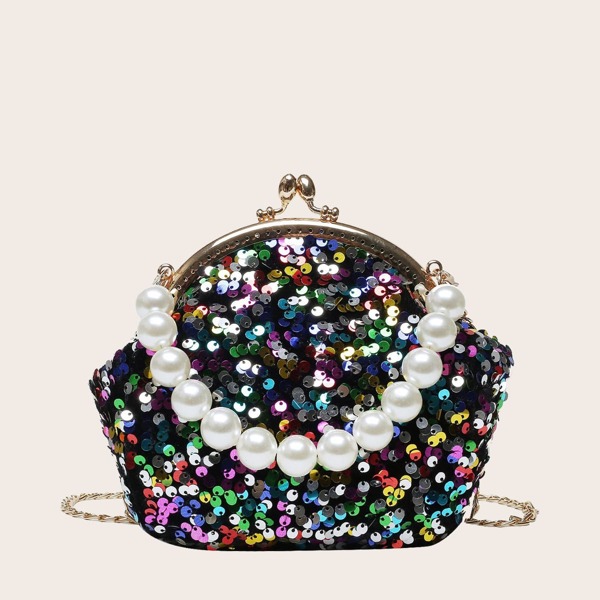 

Girls Allover Sequin Decor Kiss Lock Satchel Bag, Black