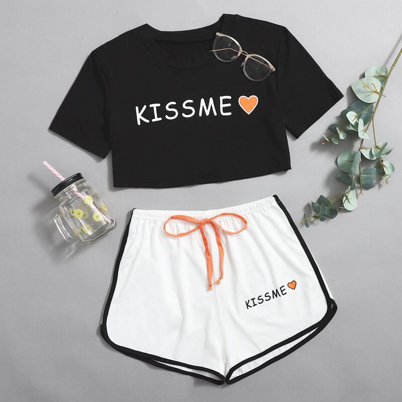 

Slogan Crop Tee & Shorts PJ Set, Black and white