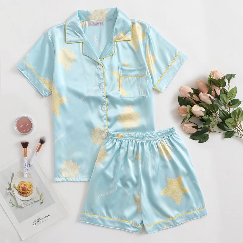 

Star Button-up Satin PJ Set, Pastel baby blue