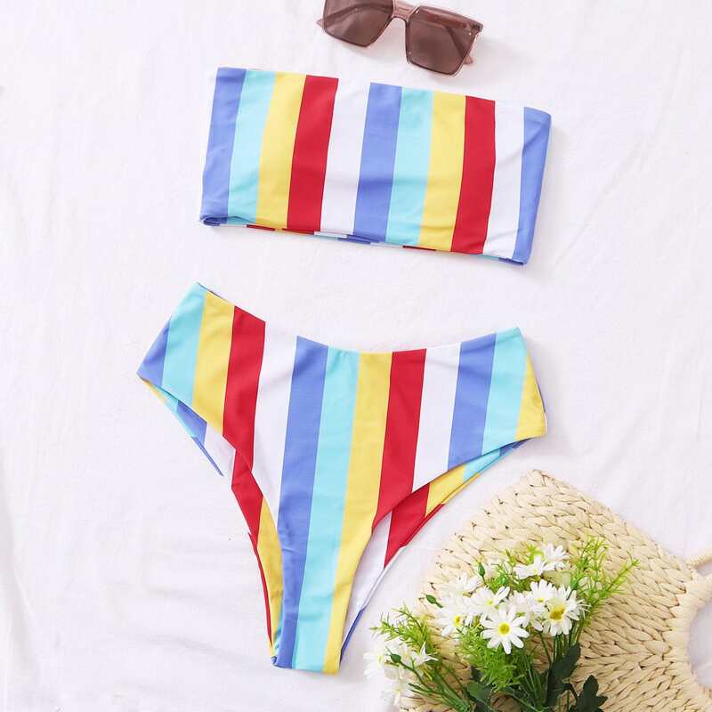 

Colorful Striped Bandeau High Waisted Bikini Swimsuit, Multicolor