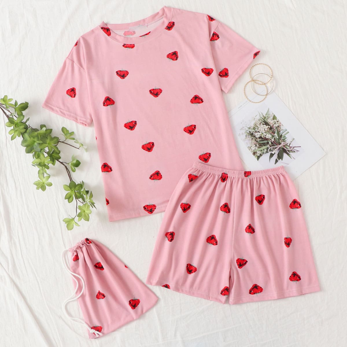 

Strawberry Shorts PJ Set & Storage Bag, Pastel baby pink