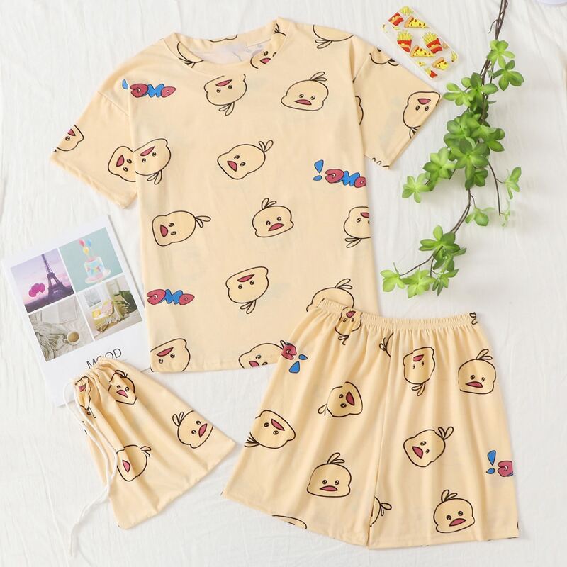 

Cartoon Duck Shorts PJ Set & Storage Bag, Yellow pastel