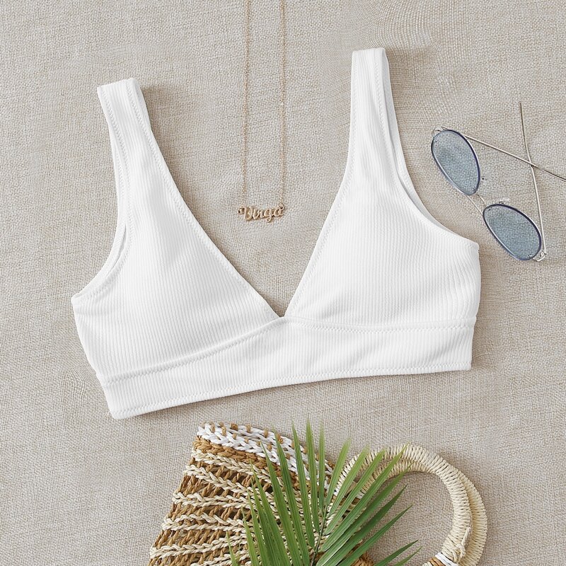 

Rib V Neck Bikini Top, White