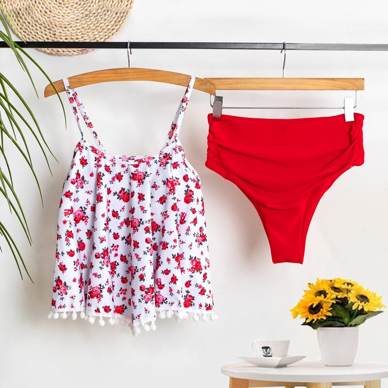 

Floral Pom-pom Hem High Waisted Bikini Swimsuit, Multicolor