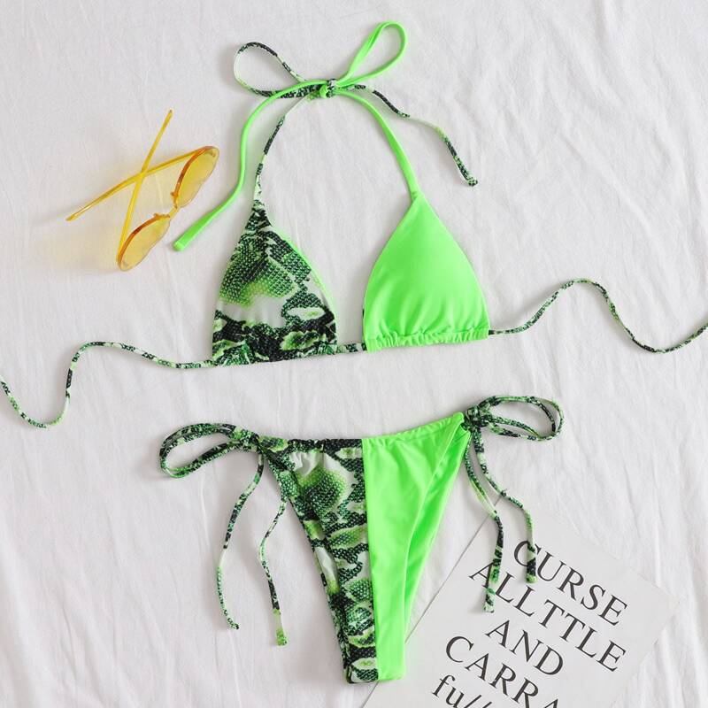 

Snakeskin Triangle Tie Side Bikini Swimsuit, Bright lime green