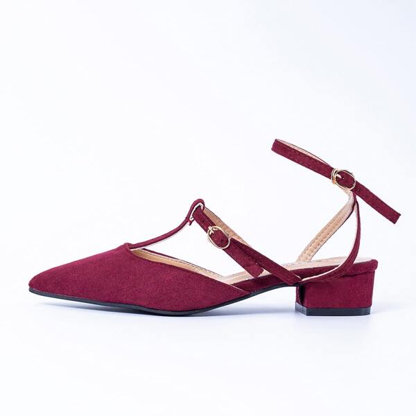 

Point Toe Ankle Strap Block Pumps, Burgundy