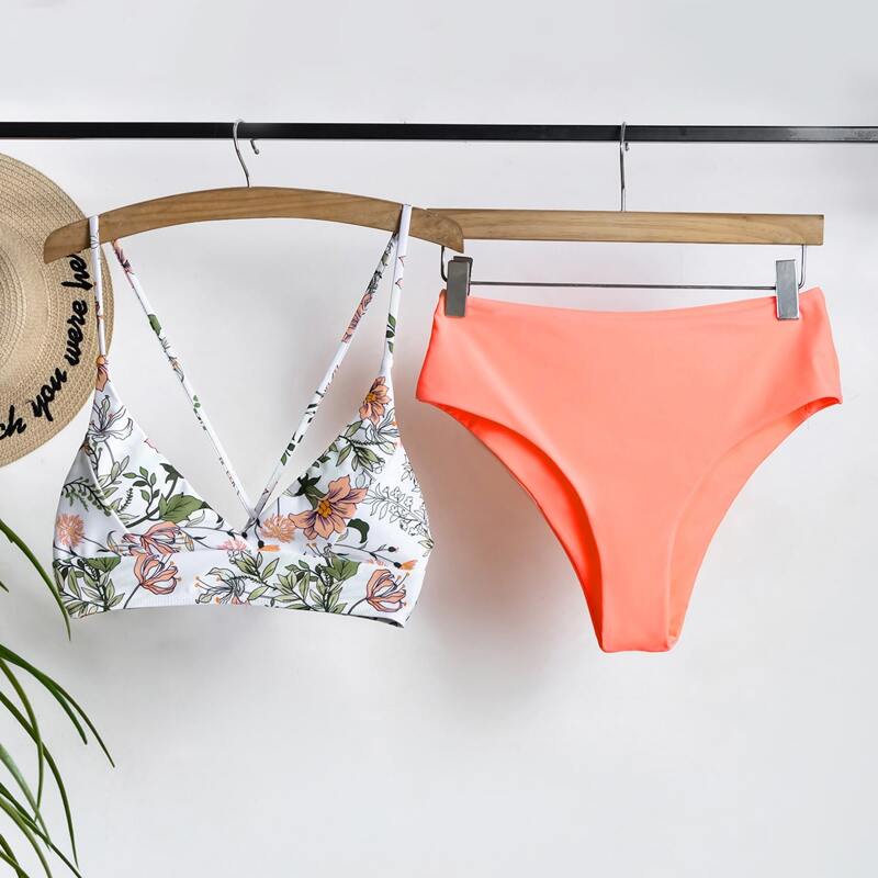 

Floral Tie Back High Waisted Bikini Swimsuit, Multicolor