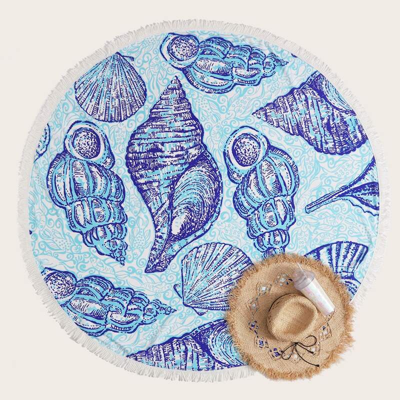 

Shell Print Fringe Hem Beach Blanket, Blue