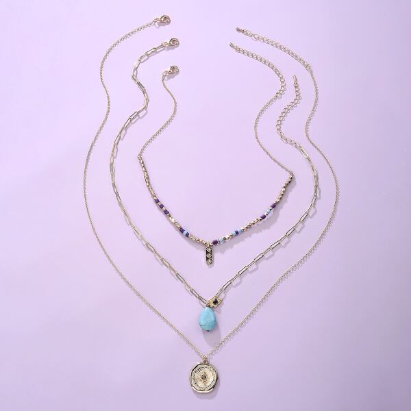 

3pcs Rhinestone Engraved Necklace, Gold