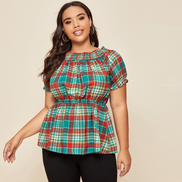 

Plus Tartan Plaid Shirred Collar Peplum Blouse, Multicolor