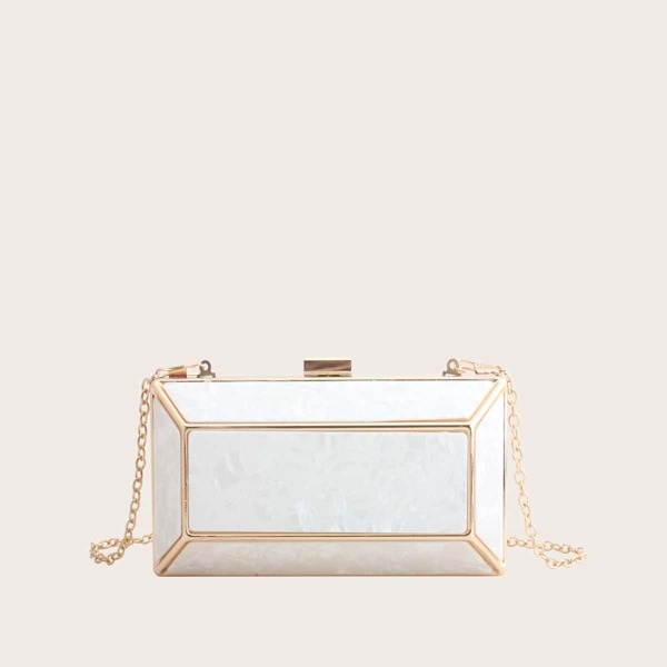 

Marble Pattern Clip Top Box Bag, White