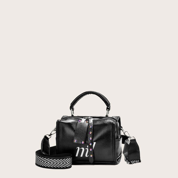 

Studded Decor Letter Graphic Satchel Bag, Black
