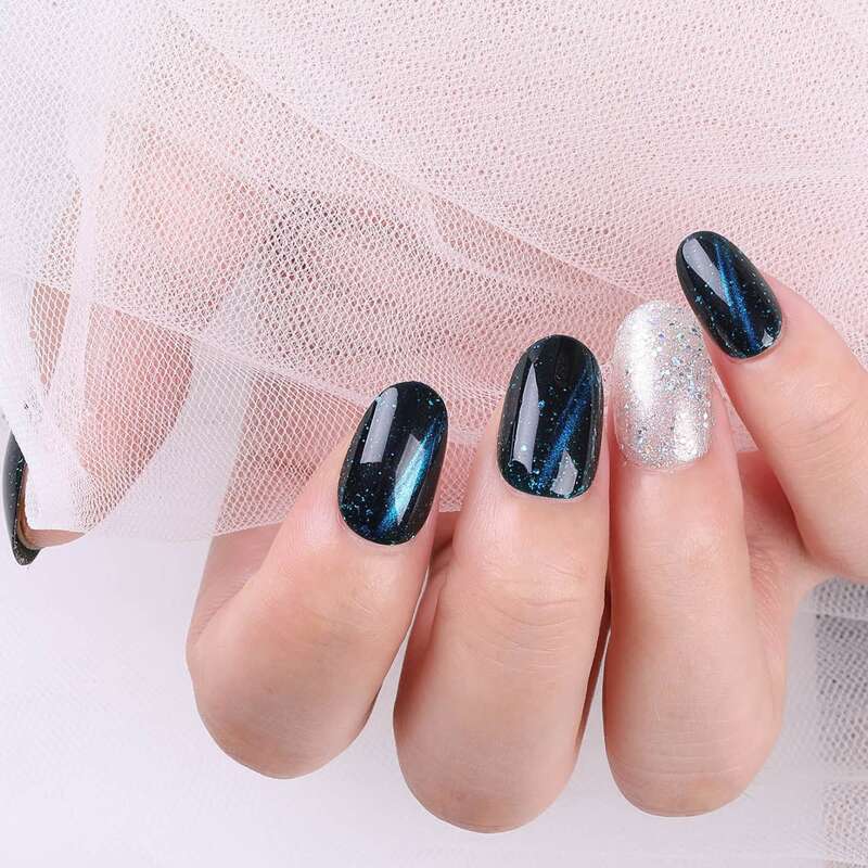 

30pcs Glitter Fake Nail With 1pc Nail File & 1pc Tape, Blue