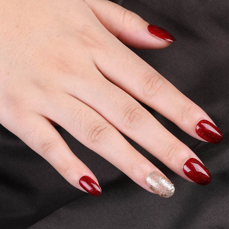 

30pcs Glitter Fake Nail With 1pc Nail File & 1pc Tape, Burgundy