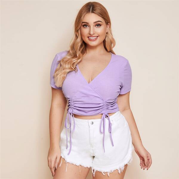 

Plus Ruched Drawstring Hem Rib-knit Crop Tee, Pastel lilac purple