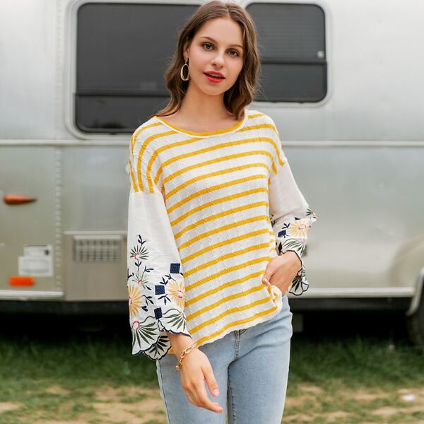 

Floral Embroidered Sleeve Striped Top, Multicolor