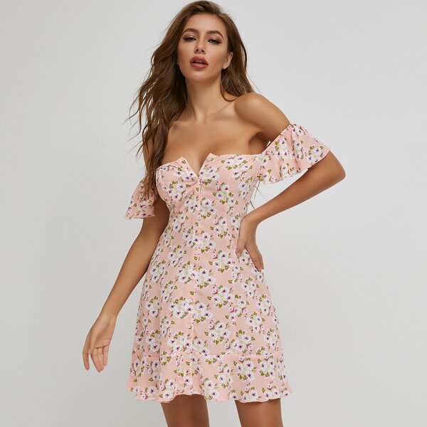 

Off Shoulder Button Front Ruffle Hem Floral Dress, Baby pink