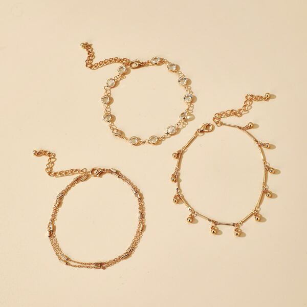 

3pcs Round Ball Tassel Charm Anklet, Gold