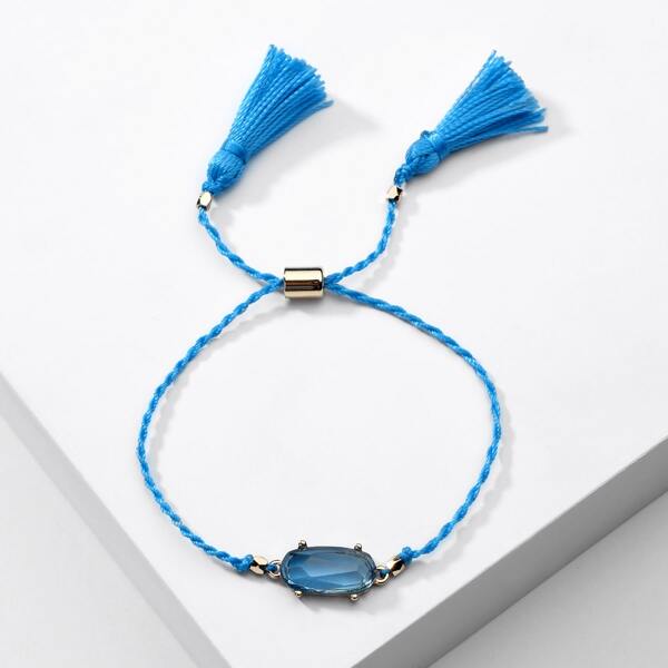 

Gemstone Engraved Tassel Decor Bracelet, Blue
