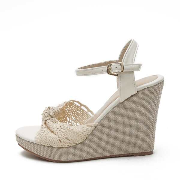 

Knot Decor Braided Ankle Strap Wedges, Apricot