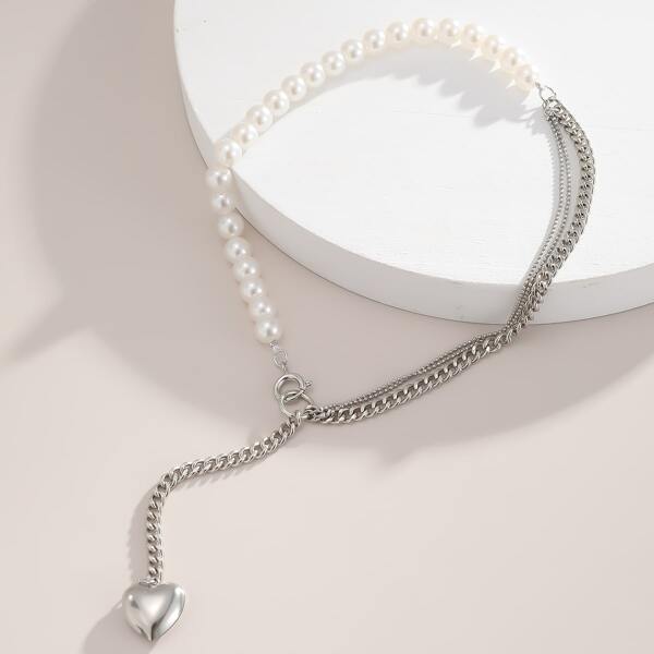 

Heart Faux Pearl Charm Necklace, Silver