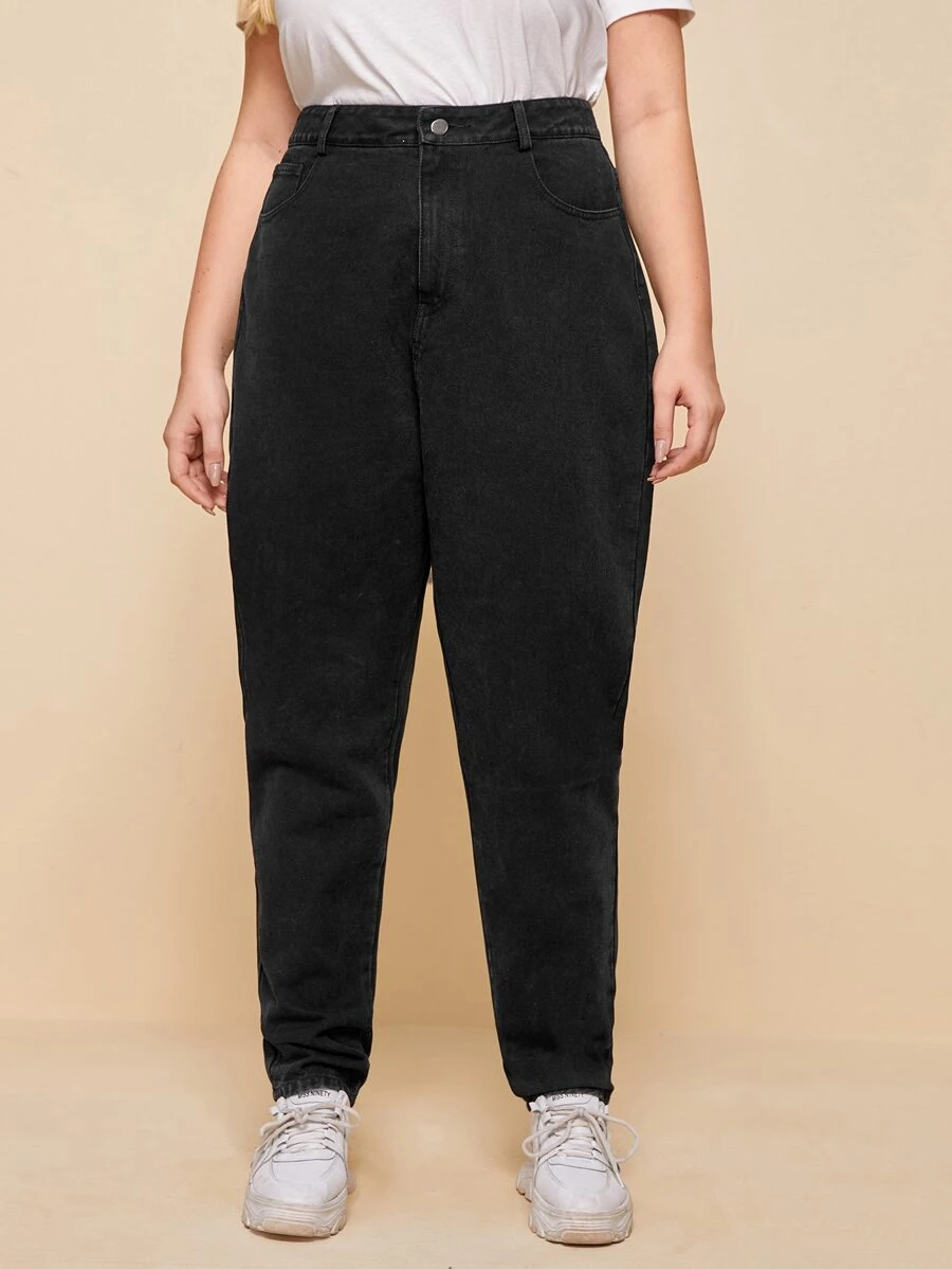 SHEIN Frenchy Plus Pocket Side Mom Jeans - Black - View 1