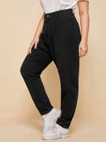 SHEIN Frenchy Plus Pocket Side Mom Jeans - Black - View 3