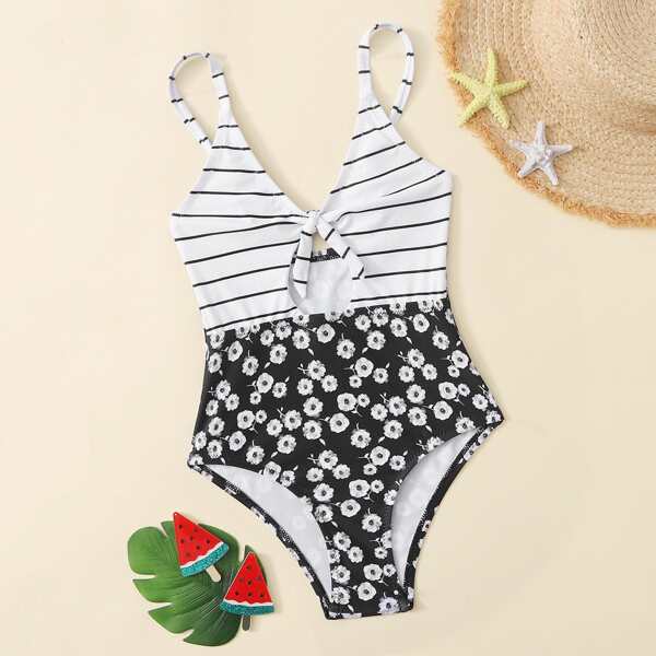 

Girls Floral & Striped Cut-out One Piece Swimsuit, Black and white