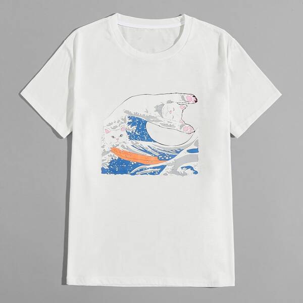 

Men Cat And Wave Print Tee, White