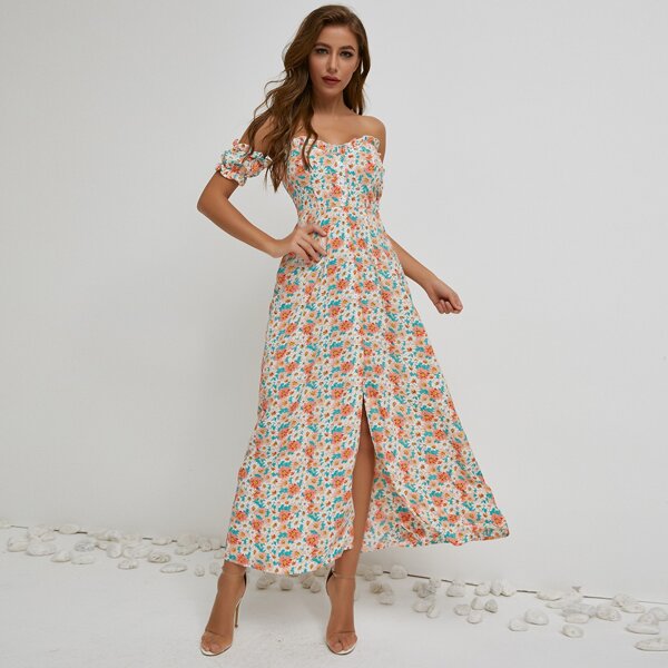 

Puff Sleeve Frill Trim Button Front Floral Dress, Multicolor