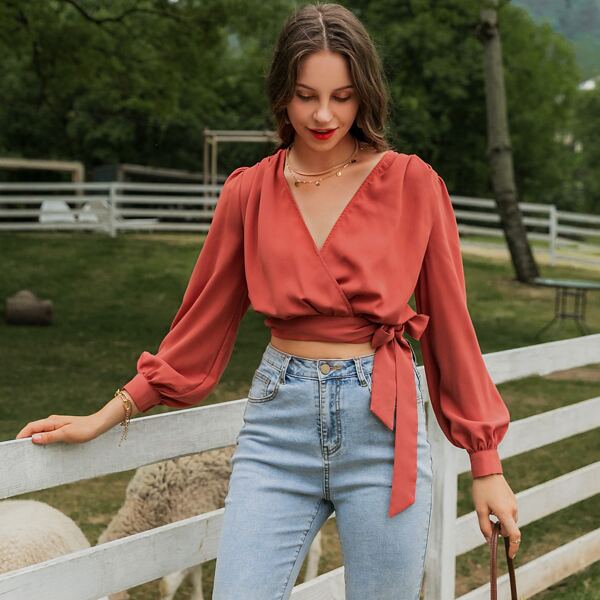 

Surplice Self-Tie Lantern Sleeve Crop Top, Redwood
