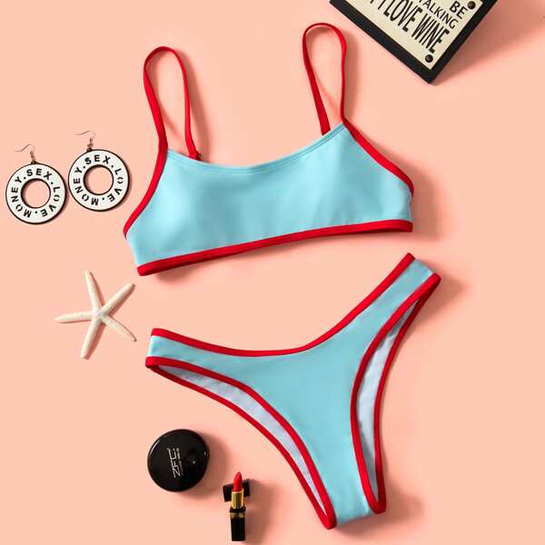 

Contrast Binding Bikini Swimsuit, Pastel baby blue