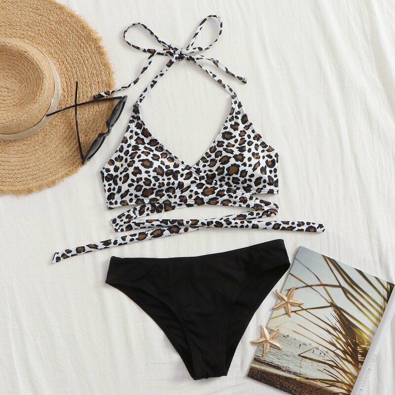

Leopard Wrap Halter Bikini Swimsuit, Multicolor